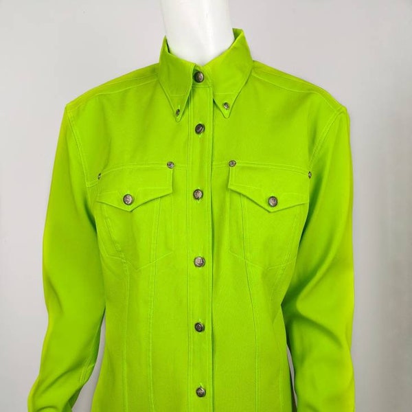 vintage 90s VERSACE neon green shirt. Versace Jeans couture collared blouse. gorgon medusa metal buttons