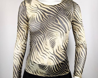 Blusa transparente con estampado de cebra y tigre de Roberto Cavalli, estilo vintage Y2k