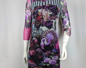Y2K Vintage FEHU Mesh Maxi Dress | Longsleeve Dress Flowers, Strawberry, Diamond, Flamingo, Parrot Print | Size Small