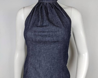 Vintage 90s Moschino Collared Denim Top, Blue Sleeveless Button Up Blouse, Denim Turtleneck Top