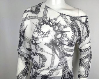 y2k vintage JEAN PAUL GAULTIER mesh top Eiffel Tower Paris print. asymmetric long sleeve blouse