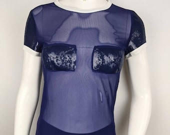 Vintage 90s Jean Paul Gaultier Blue Mesh Top, Sequins T-shirt