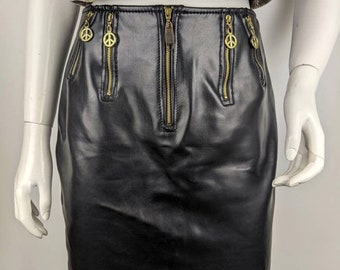 MOSCHINO Jeans faux leather skirt vintage 90s. vegan leather midi skirt peace zipper