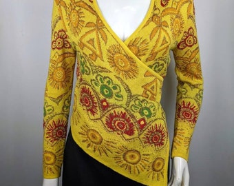 vintage 80s CHACOK yellow wrap knit top. metallic long sleeve sweater