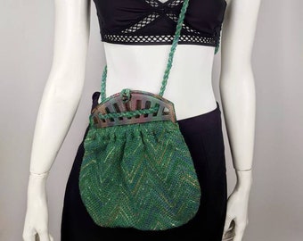 vintage 80s MISSONI shoulder jute bag. knitted green bag. zig zag pattern bag