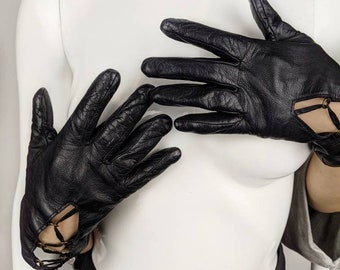 vintage 90s VERSACE leather gloves. Versus lace up gloves. size small