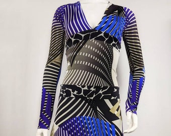 y2k vintage JUST CAVALLI abstract dress. bodycon blue dress geometric, animal and striped printed