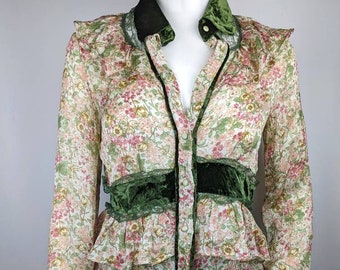 vintage 90s DOLCE GABBANA silk ruffles blouse. floral sheer collared shirt