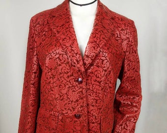 vintage 90s ESCADA leather blazer. red floral long jacket