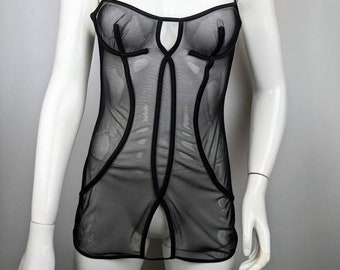 Camicia da notte vintage LA PERLA anni 2000. Baby doll Baronessa. Lingerie nera trasparente. Abito da notte in rete.