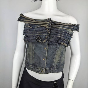 vintage 90s VALENTINO denim ruffles top. off-shoulder jeans crop top. senorita style corset