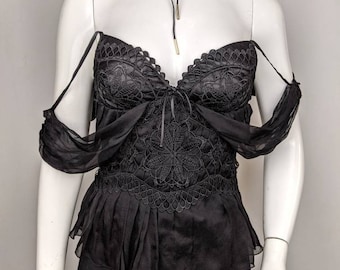 Y2k Vintage La Perla Black Lace Corset, Gothic Silk Bustier, Victorian Style Corset, Size Small