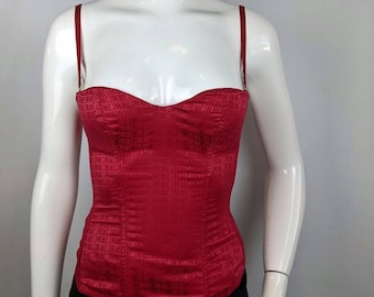 Y2k Vintage Satin Red Bustier John Richmond, Monogram Corset Spaghetti Straps