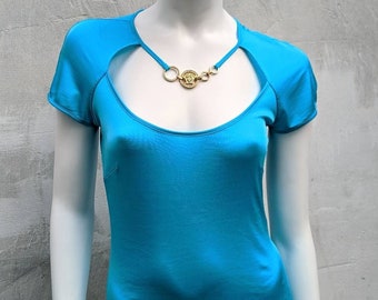 Y2k Vintage Versace Blue Top, Stretch T-shirt Gorgon Medusa Necklace