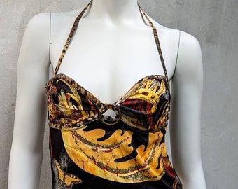 Vintage 90s JUST CAVALLI Satin Halter Bustier | Abstract Cami Top Sleeveless Blouse | Size S