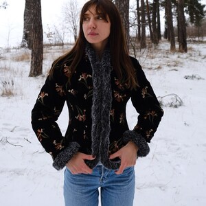 Vintage 90s Kenzo Floral Print Jacket, Velvet Short Jacket, Fur