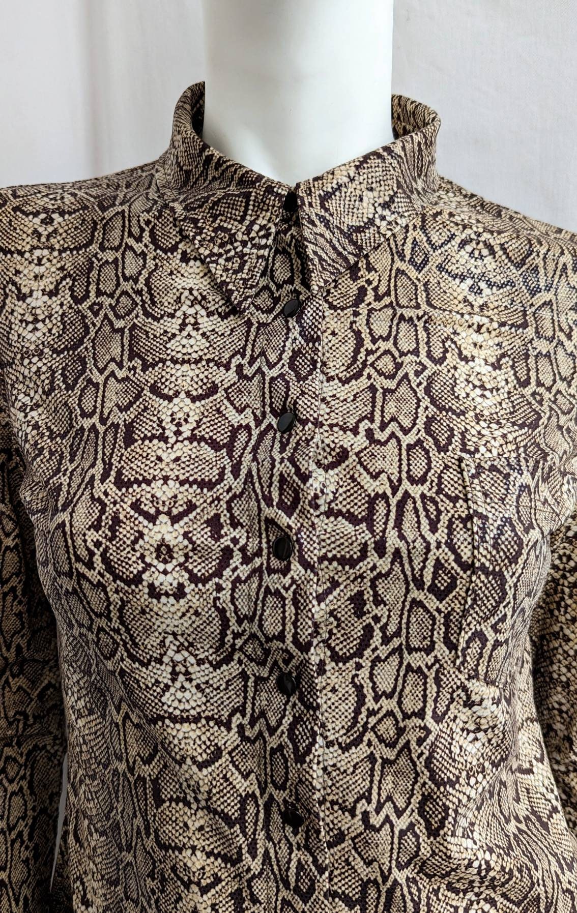 Vintage 90s ANTI FLIRT Snake Blouse. Shine Button up Shirt