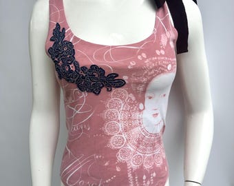 Y2k Vintage Moschino Red Tank Top, Japanese Woman Geisha Print Top