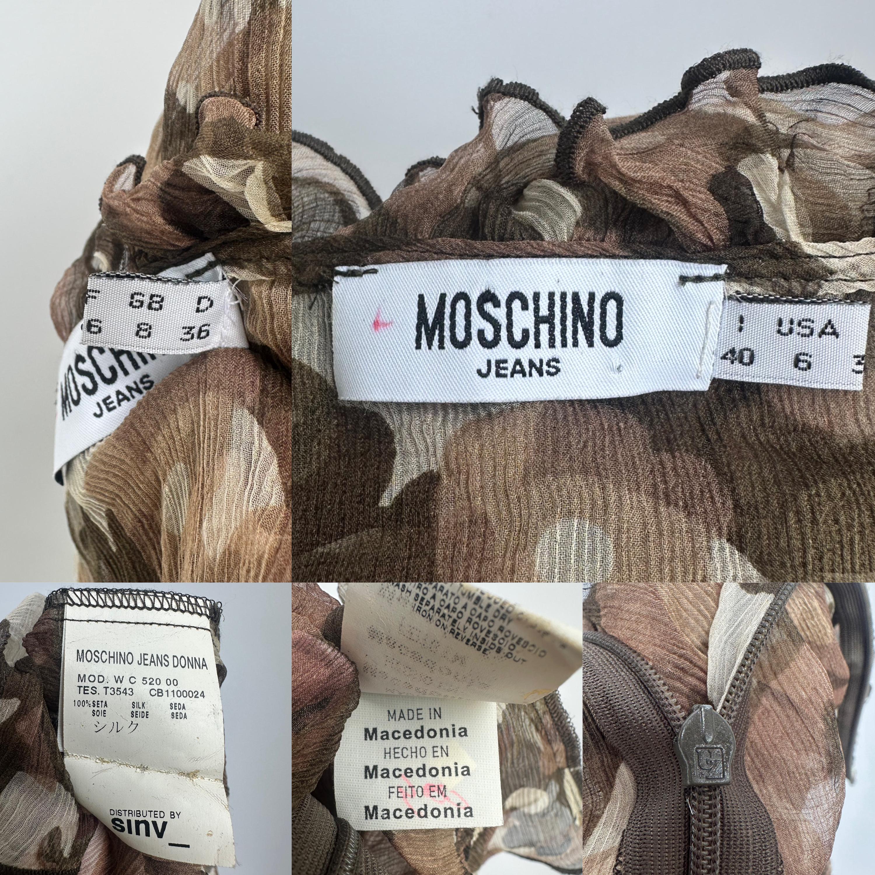 Y2k Vintage Moschino Silk Camouflage Top, Green Ruffled Sleeveless
