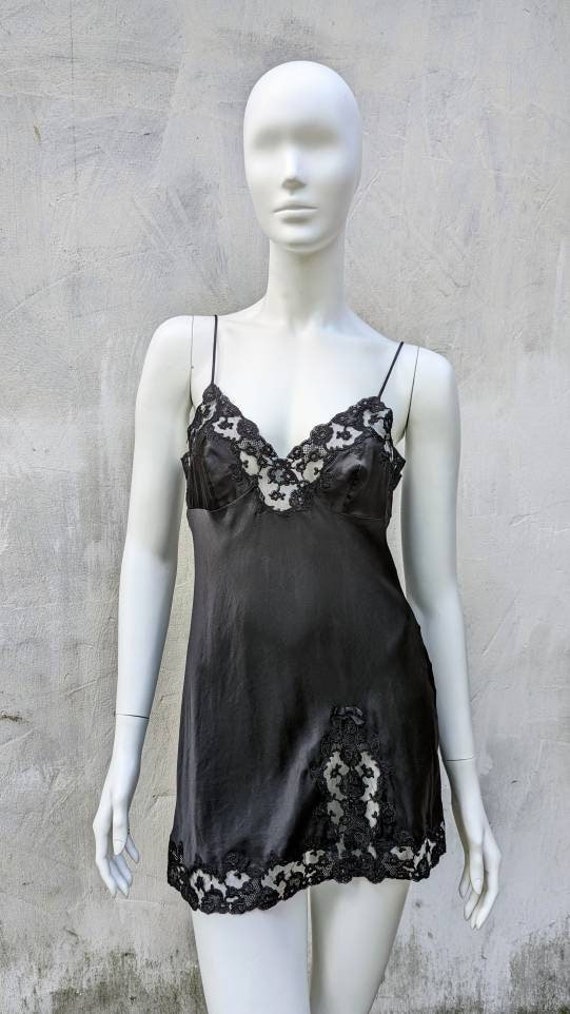Vintage 90s LA PERLA Satin Nightgown Baby Doll. Black Lingerie Sleep Dress  -  Sweden
