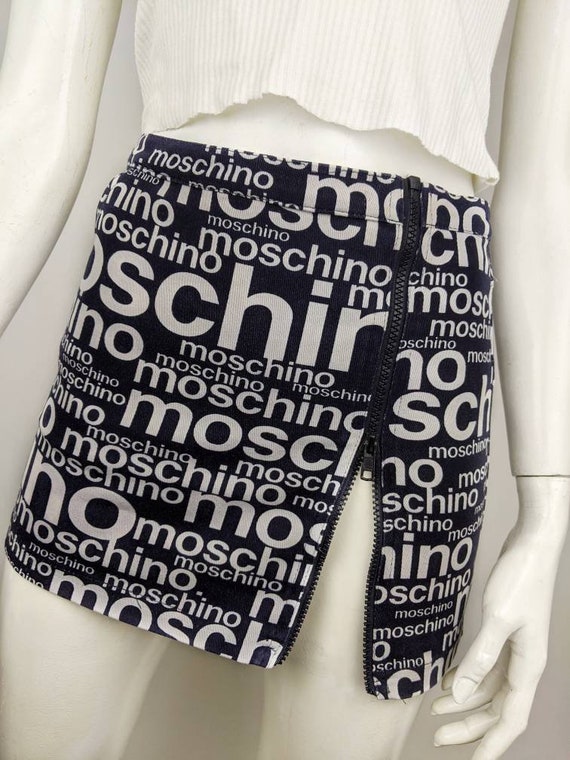 Vintage 90s MOSCHINO Denim Mini Skirt. Monogram Zipper Skirt