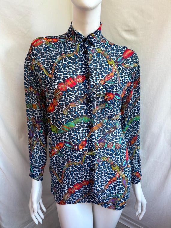 Kenzo, Vintage 90s Kenzo Leopard Blouse, Rayon Blue Shirt