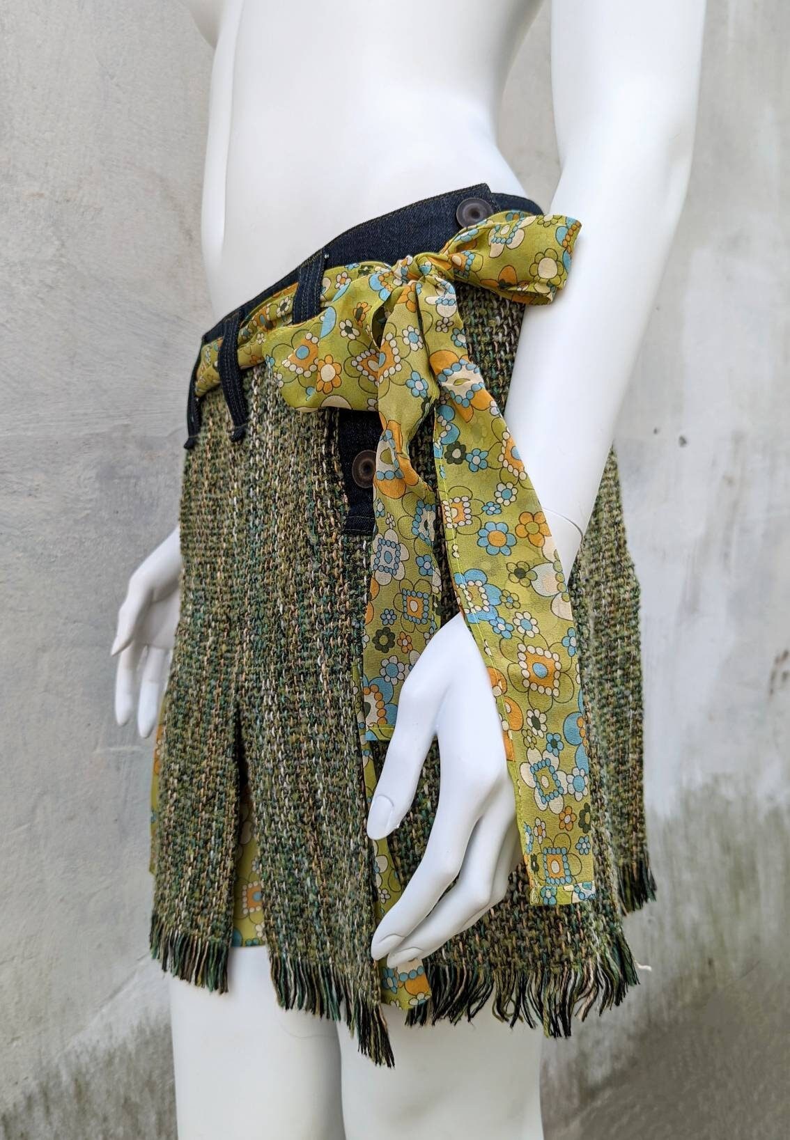 Vintage 90S Dolce Gabbana Tweed Skirt | Pleated Green Mini