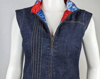 Vintage 90s KENZO Jeans Denim Vest. Zipper Blue Vest, Red Japanese