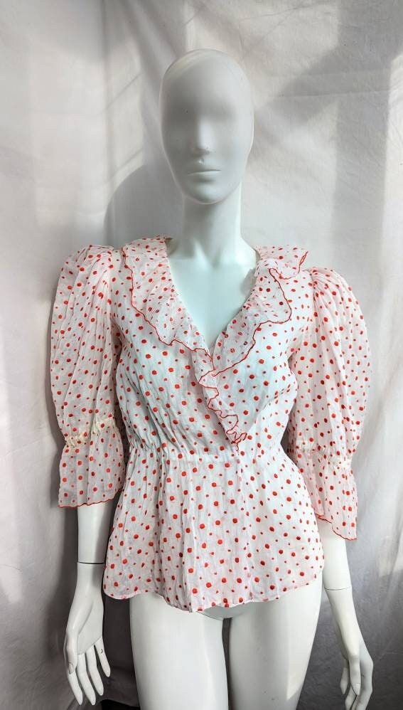 Vintage 70s GIVENCHY Ruffled Blouse. Red Polka Dot Organza Blouse 