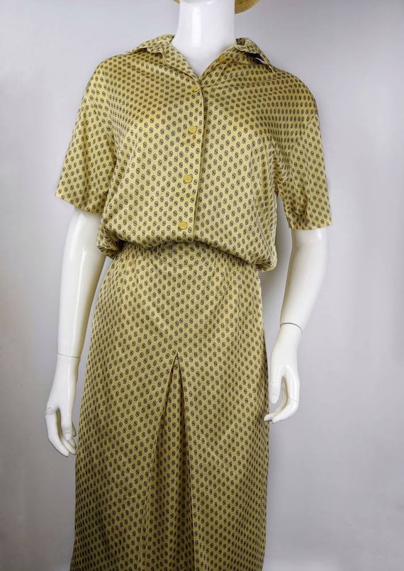 Akris, vintage 70s AKRIS beige midi dress. abstract button dress. size medium