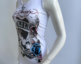 Y2K Ed Hardy Diamanté Tank Top: Skull Roses Graphic, Made in USA