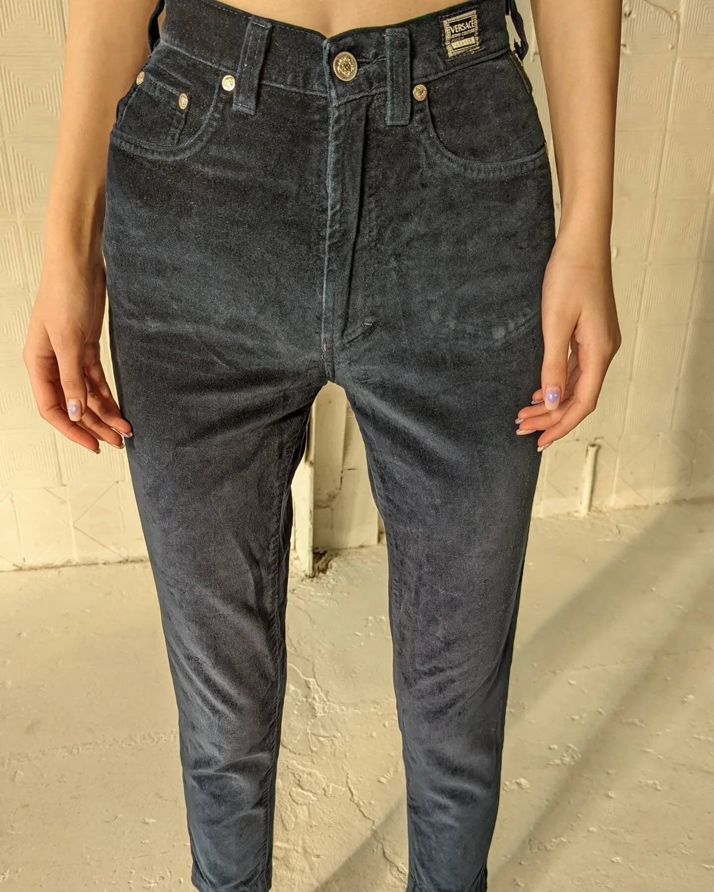 Vintage 90s VERSACE Velvet Pants. Extra Small Slim Navy Blue