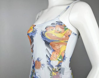 Y2k Vintage JOHN RICHMOND Mesh Top. Japanese Floral Print