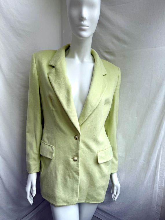 Escada, Vintage 90s Escada Lime Green Blazer, Wool Long Jacket, Shaggy Jacket