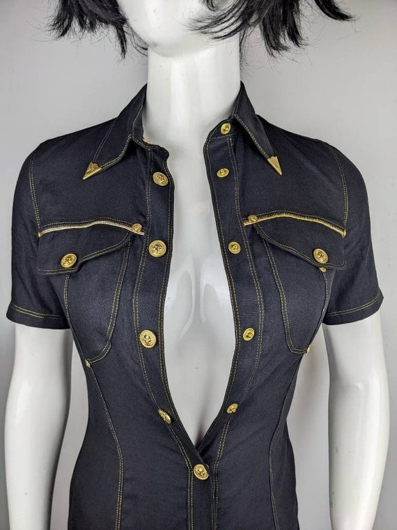 Vintage 90s Versace Versus Black Linen Dress, Snap Gold Button Gown, Western Style Dress XS - Etsy Vintage 90s Versace Versus Black Linen Dress, Snap Gold Button Gown, Western Style Dress XS - Etsy