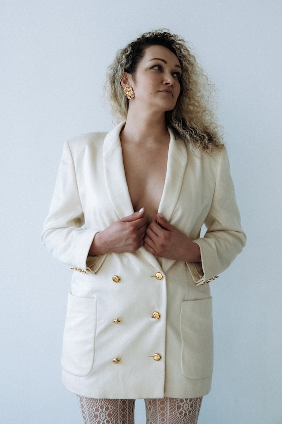 Escada, Vintage 80s ESCADA Ivory Blazer, Cashmere Jacket, Double Breasted, Gold Button Up