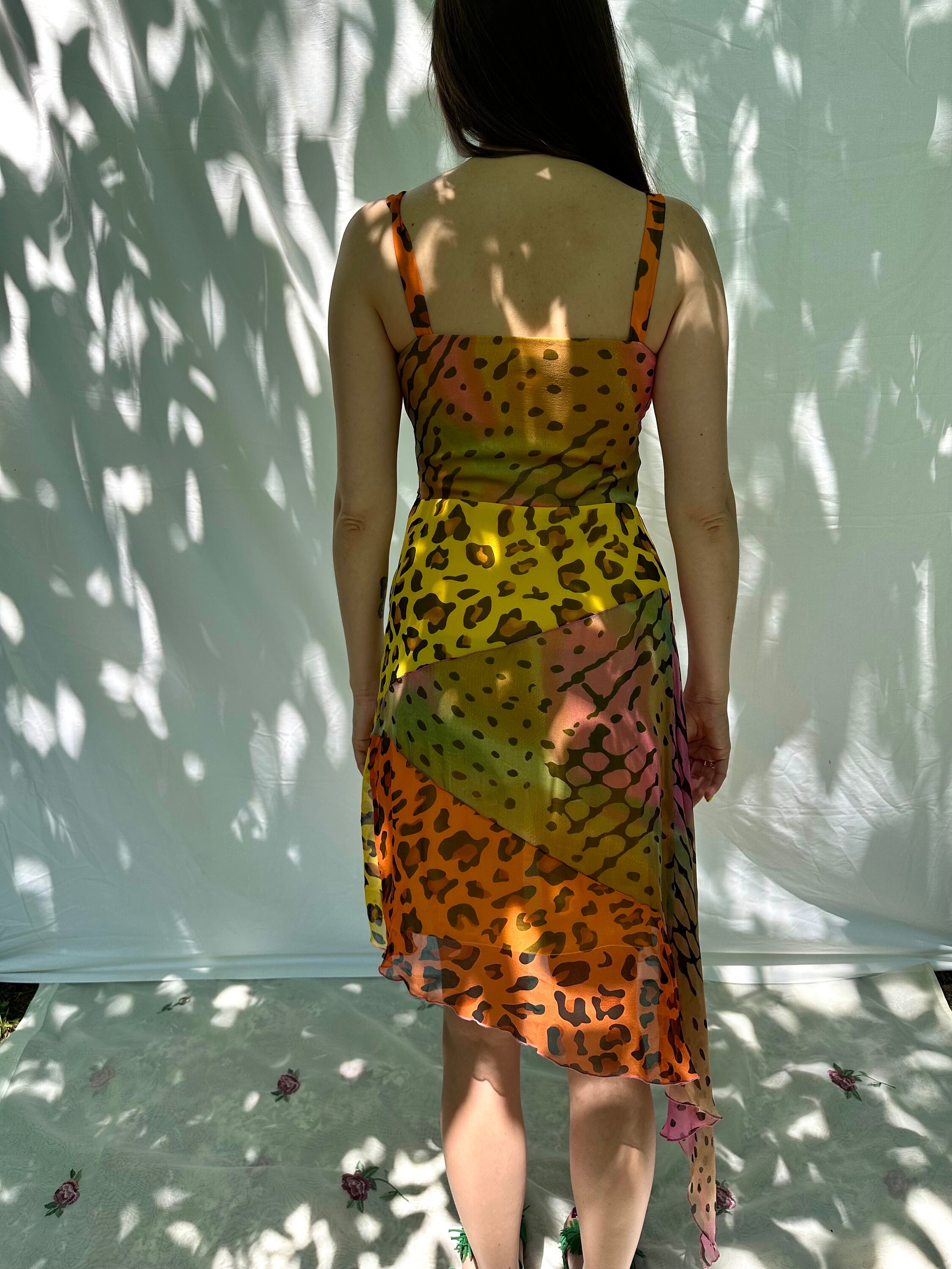 Y2k Vintage Moschino Silk Leopard Dress, Multicolor Animal