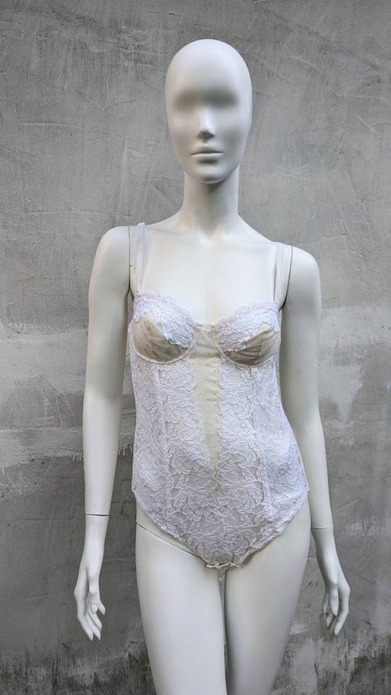 Vintage 90s LA PERLA Lace Bodysuit. White Floral Embroidery