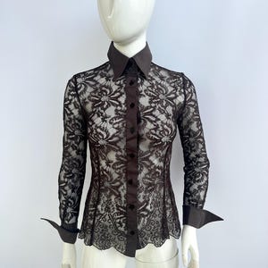 Y2k Vintage Ferre Brown Lace Blouse, Gianfranco Ferre Chocolate Openwork Shirt