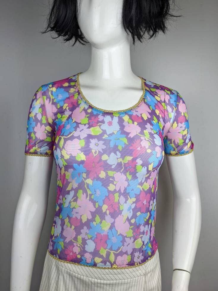 Y2k Vintage DOLCE GABBANA Mesh Top. Floral Pink and Purple Y2k Vintage DOLCE GABBANA Mesh Top. Floral Pink and Purple