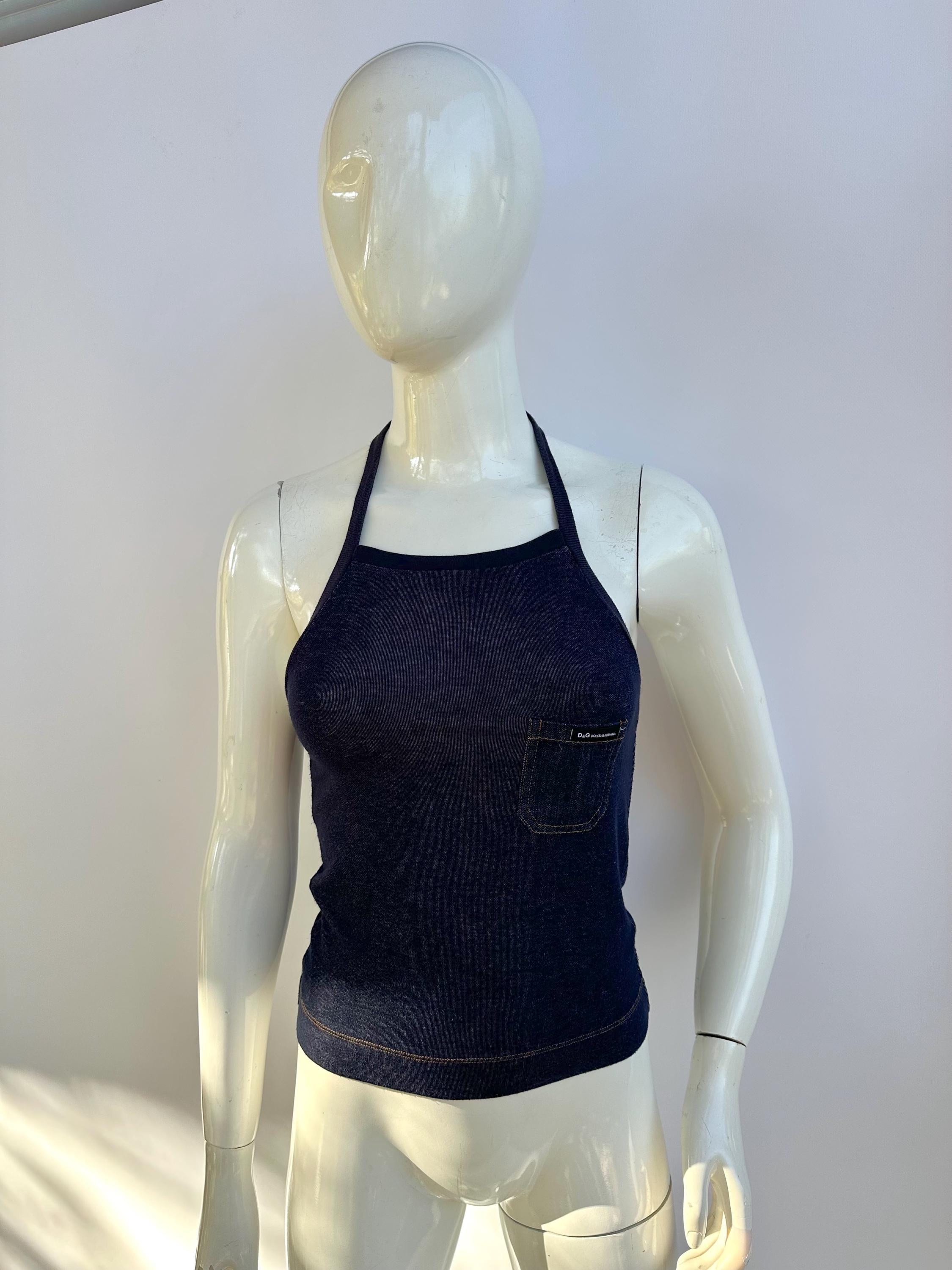Y2k Vintage Dolce Gabbana Halter Top, Navy Blue Stretch Top