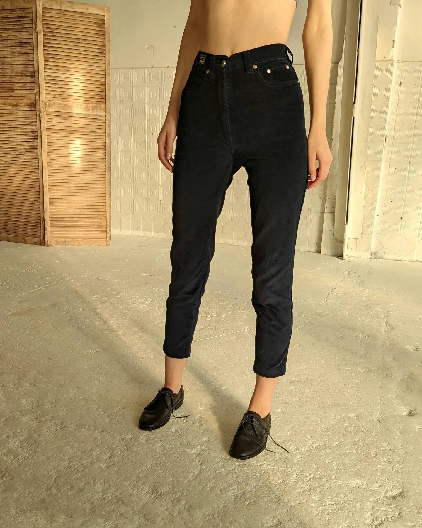 Vintage 90s VERSACE Velvet Pants. Extra Small Slim Navy Blue Vintage 90s VERSACE Velvet Pants. Extra Small Slim Navy Blue