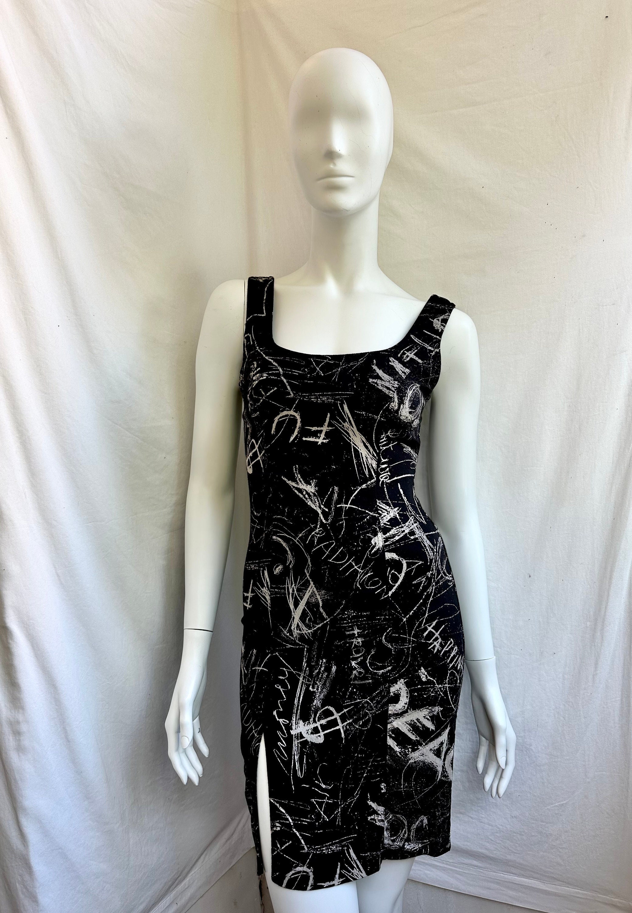 Vintage 90s MOSCHINO Black and White Graffiti Dress. Grunge