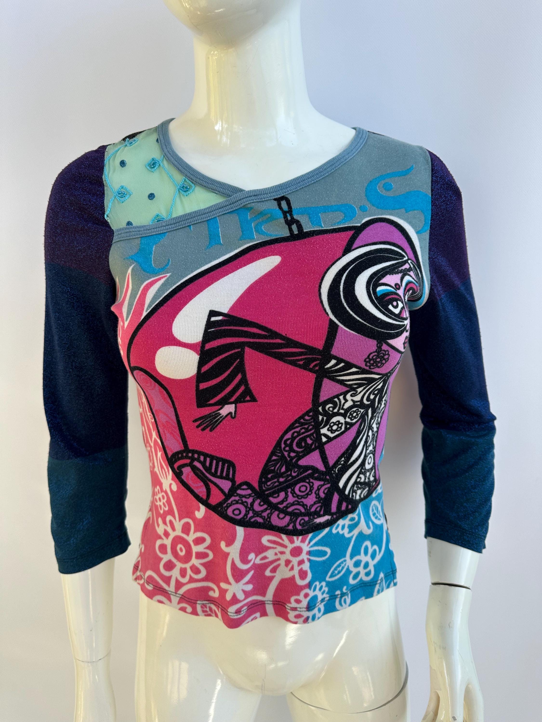 Y2k Vintage Custo Barcelona Top, Fashion Woman Print Long Sleeves