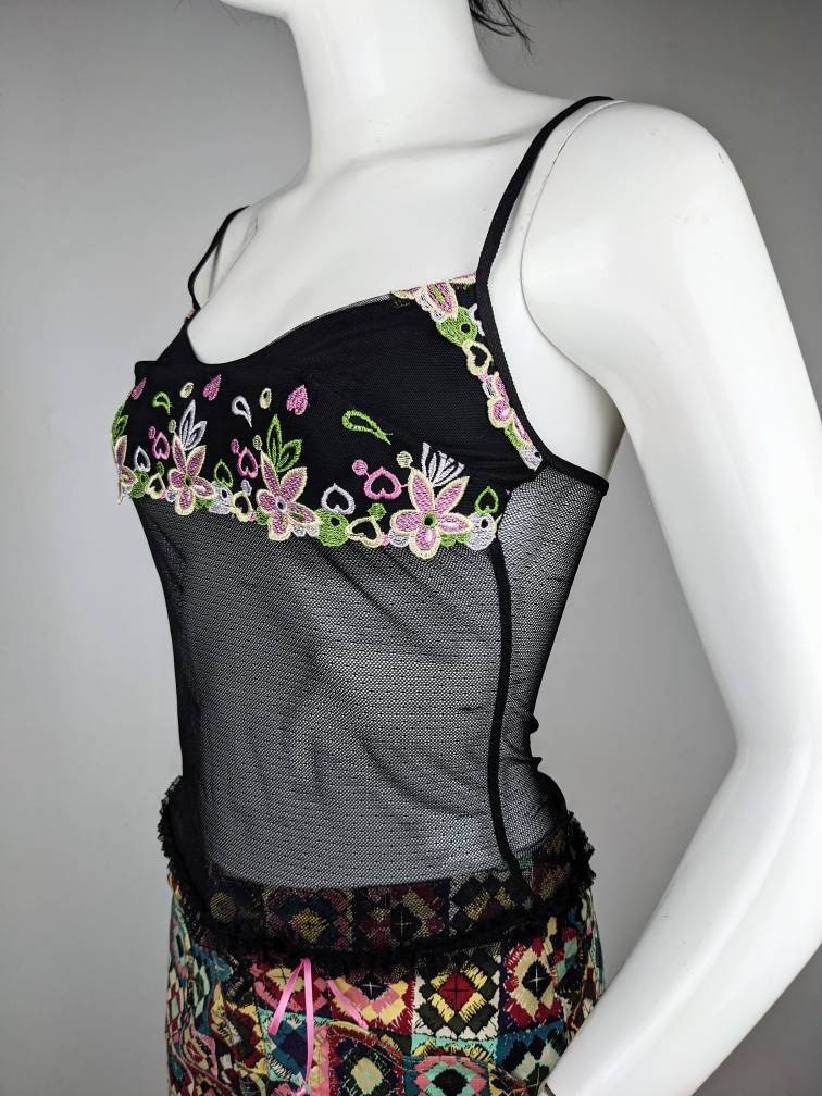 一点物　y2k 00s TRALALA vintage design tops Y2k Vintage LA PERLA Mesh Tank Top. Embroidery Floral Top