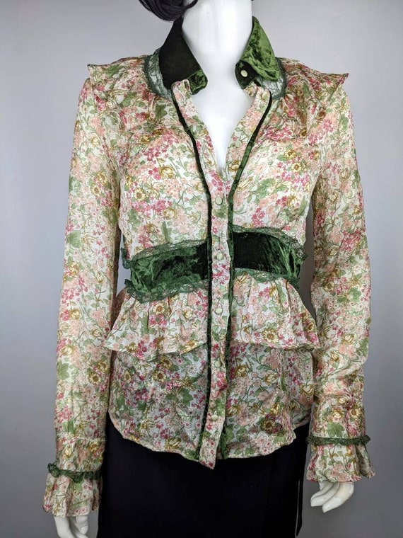 Dolce & Gabbana, vintage 90s DOLCE GABBANA silk ruffles blouse. floral sheer collared shirt