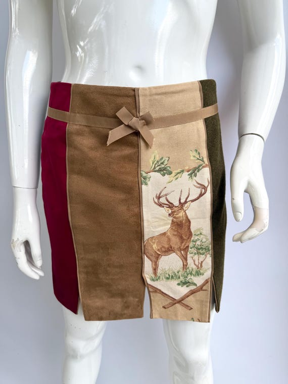 Vintage Patchwork Slit Skirt, Multiprint Mini Ski… - image 1