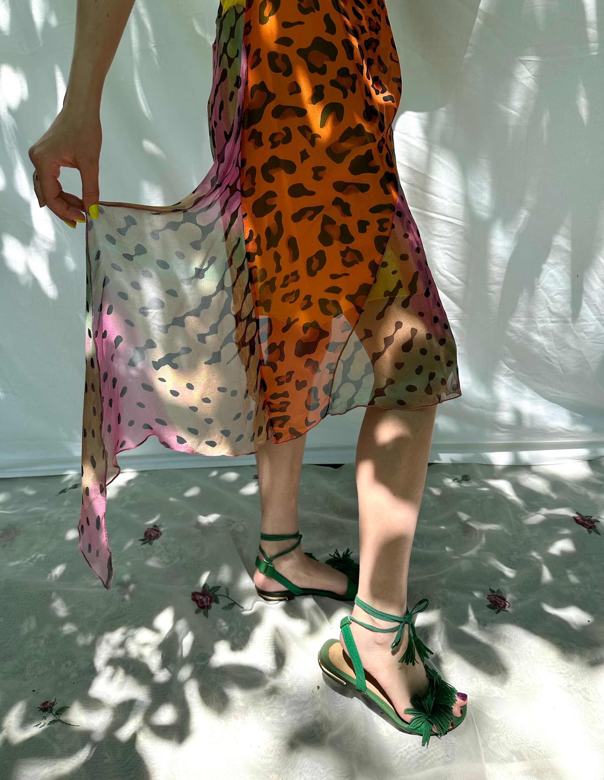 【送料&関税込】Moschino Dress With Multicolor Flocked Logo Y2k Vintage Moschino Silk Leopard Dress, Multicolor Animal