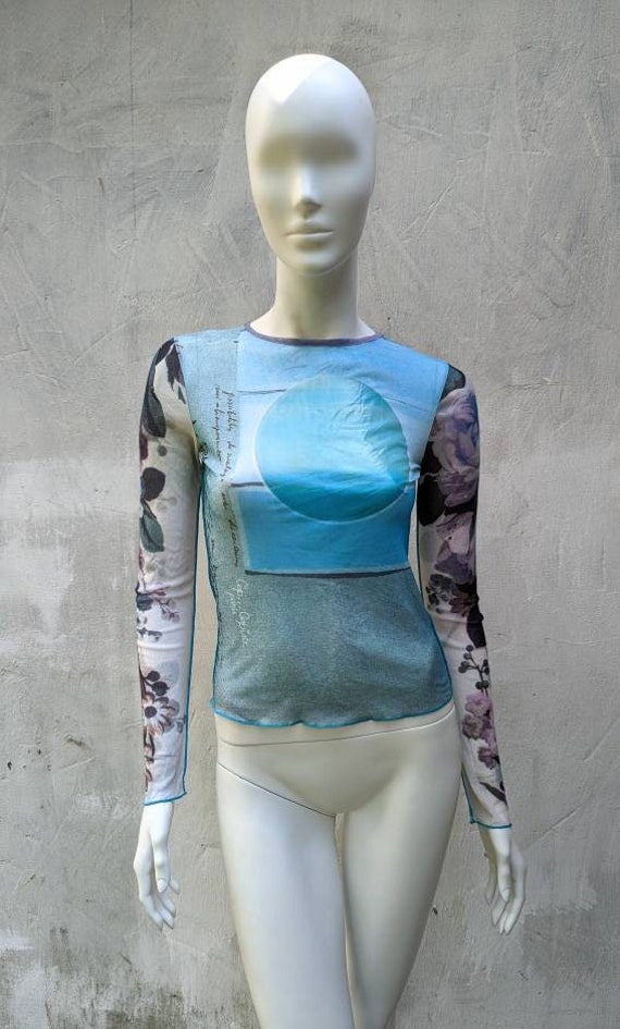 Y2k Vintage Cop Copine Mesh Top, Blue Long Sleeve Abstract Top