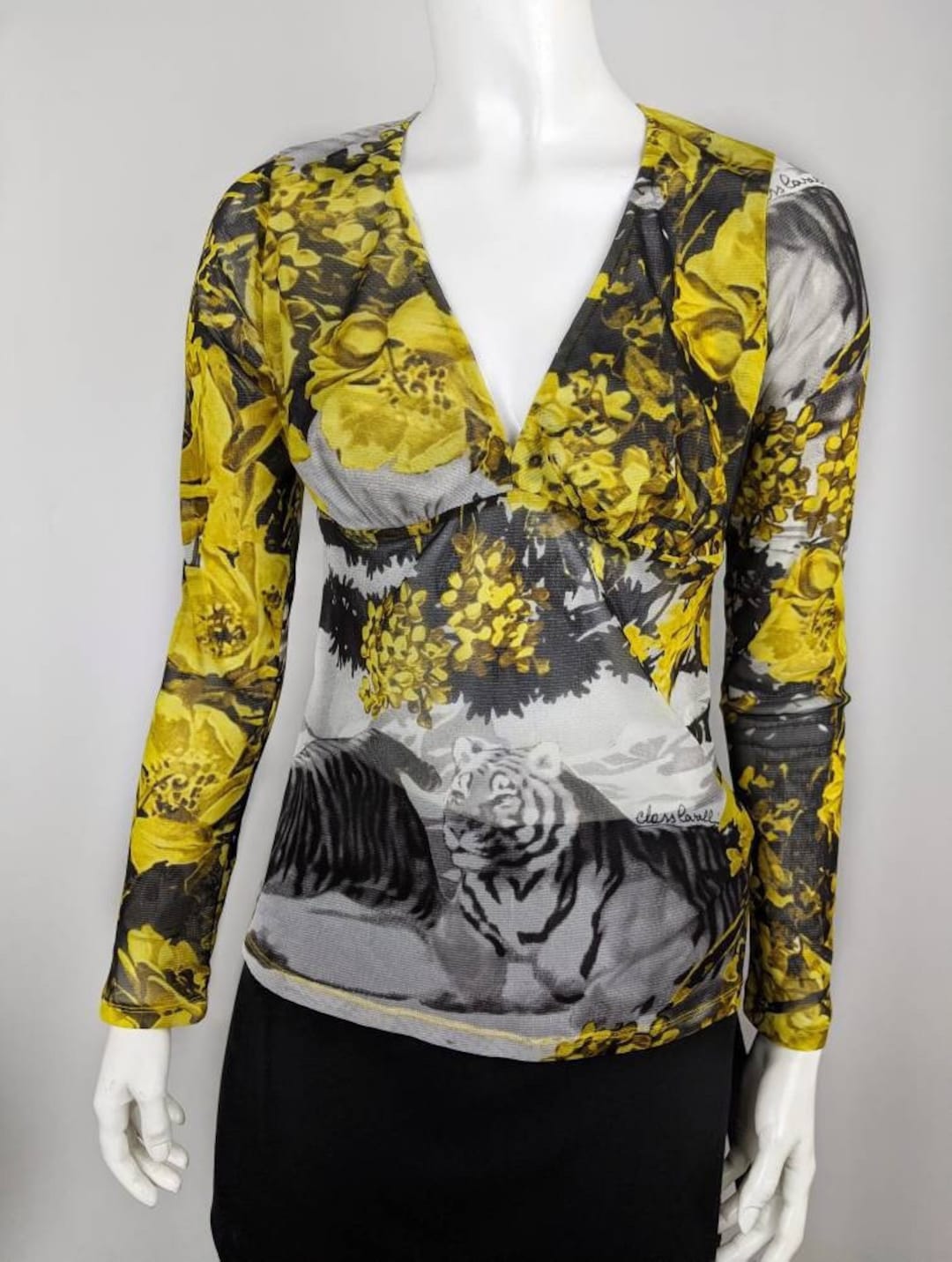 リアル Y2K Tiger and Floral | Top Mesh CAVALLI ROBERTO Vintage トップス